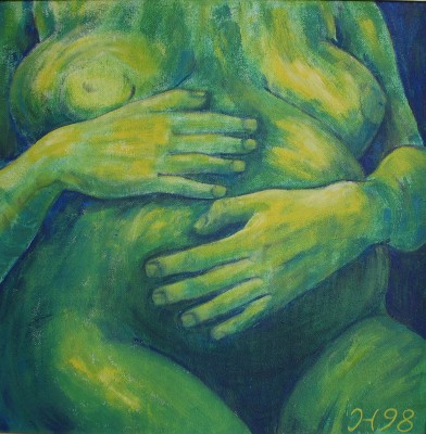 Acrylbild mit einer schwangeren Frau in kräftigen Grün- und Blautöenen